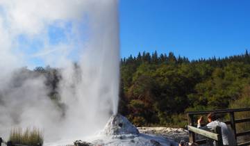 A geyser erupting with steam and water spray in the air.