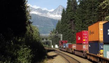 Train on a track with a mountainous backdrop and clear sky.
