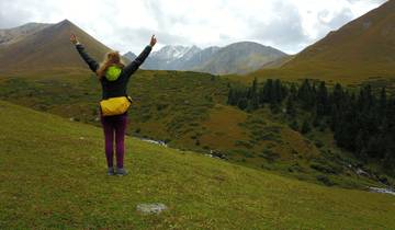 Hiker with arms raised in a mountainous landscape.