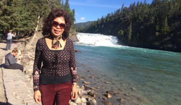 Person standing in front of a river waterfall.