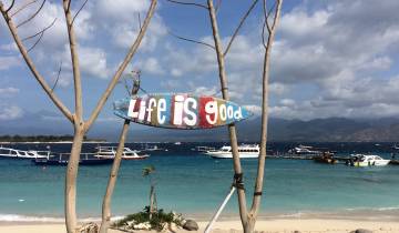 Boats near a beach with a decorative sign.