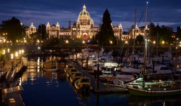 Illuminated parliament building and boats at night.