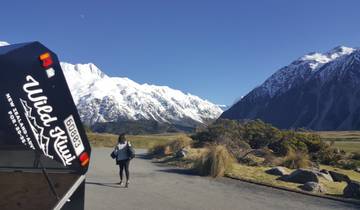 Person walking towards snow-capped mountains with a camper van on the road.
