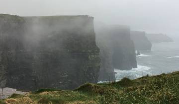 Foggy view of the Cliffs of Moher.