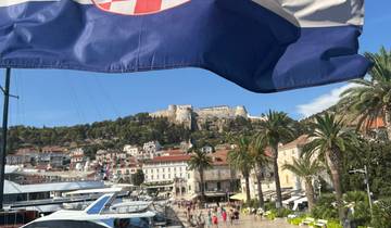 Croatian flag with a coastal town in the background.