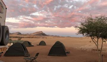 Tents set up in a desert with mountains in the distance.