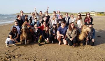 Group posing with camels on a beach.