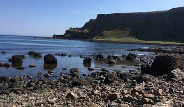 Coastal rock formations with a cliff in the background.