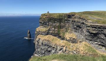Cliffs overlooking the ocean with blue skies.