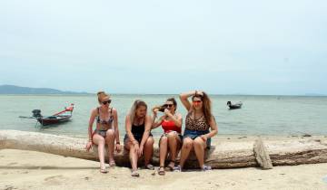 Group of people sitting on a log at a beach with boats.