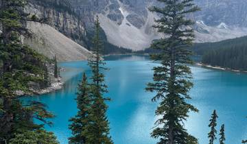 Scenic view of a turquoise lake with mountains and pine trees.