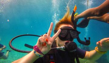 A diver underwater making a peace sign, with colorful bracelets visible.