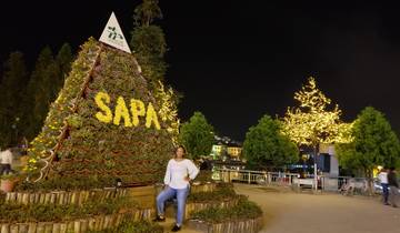 A person posing in front of a Sapa sign made of plants, lit at night.
