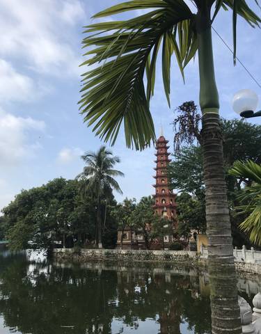 A pagoda with palm trees against a blue sky.
