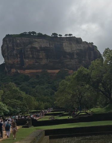 Large rock fortress rising above forested landscape.