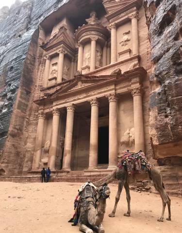 The iconic facade of Petra's Al-Khazneh with a camel in front.