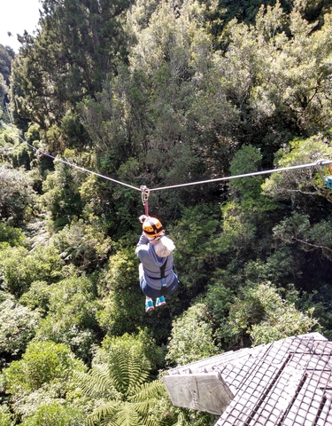 Person ziplining over lush vegetation.