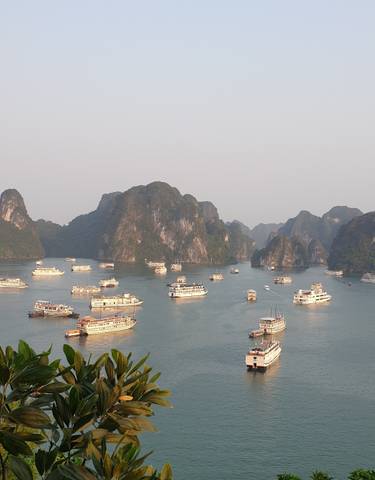Numerous boats sailing in a bay surrounded by limestone islands.