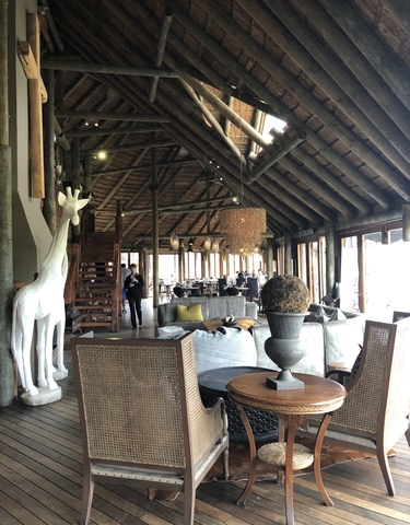 Interior of a stylish, wooden lodge.