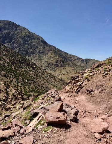 Mountainous landscape with rocky terrain and scattered vegetation.