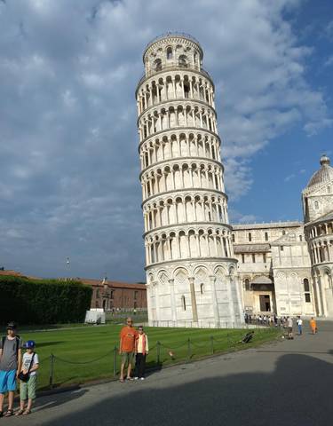 Close-up view of the Leaning Tower of Pisa.