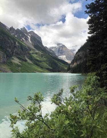 Serene lake with mountains and evergreen trees.