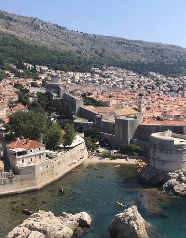 Aerial view of a fortified city by the sea.