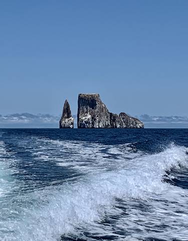 View of iconic rock formations in the ocean.