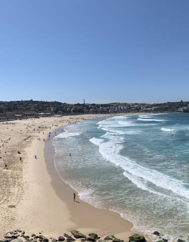 Crowded Bondi Beach with waves and swimmers.