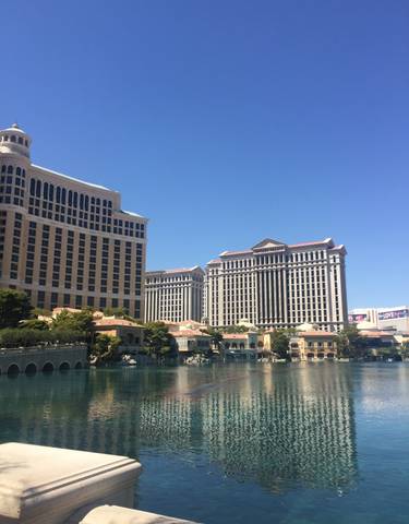 Luxury hotels and fountain in a sunny city.