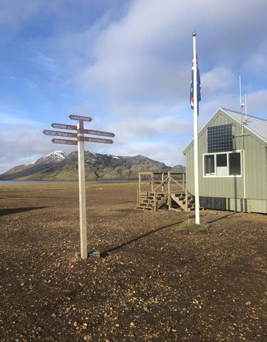 Signpost with directions and a small building in a remote area.