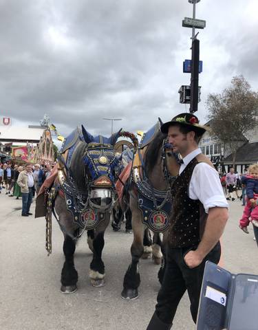 A man standing with decorated horses at a festival.