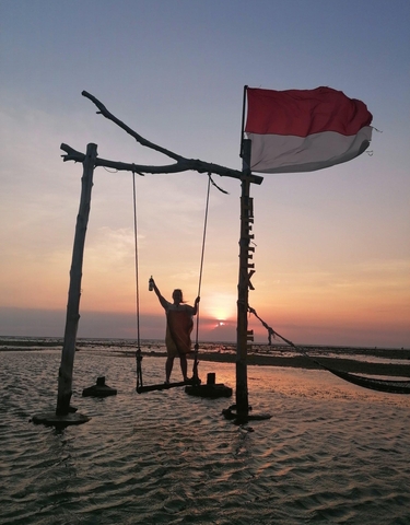 Silhouette of a person on a swing at sunset.