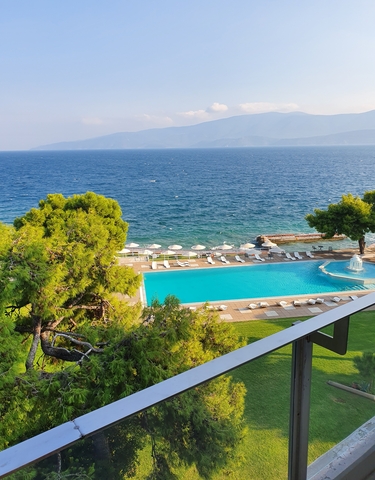 Hotel pool connected to the ocean with sunbeds along the shore.