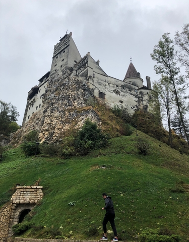 Castle built on a rugged rocky hill, surrounded by greenery.