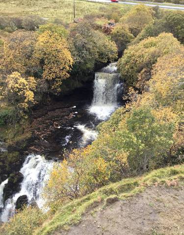 A waterfall surrounded by autumn foliage viewed from above.