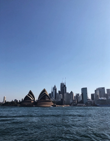 Skyline of Sydney with the iconic Opera House and clear skies.