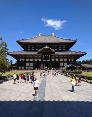 Large historic temple with visitors at the entrance
