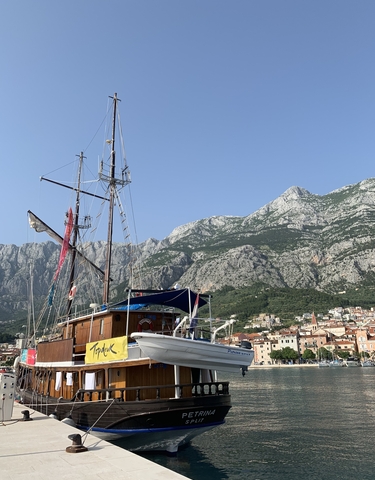A boat in a harbor with mountains in the background.