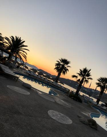 Stunning sunset over a pool with palm trees and beach.