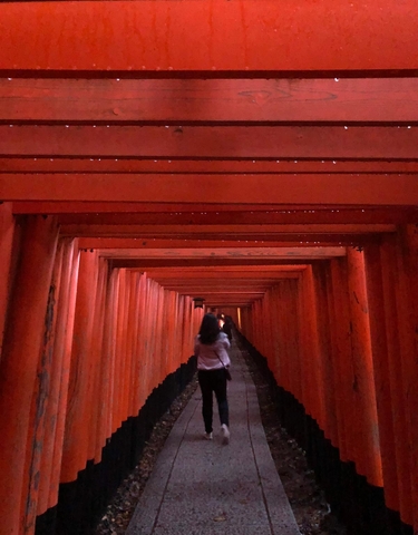 Person walking through a tunnel of red torii gates.