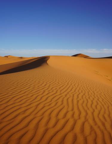 Golden sand dunes under a clear sky.