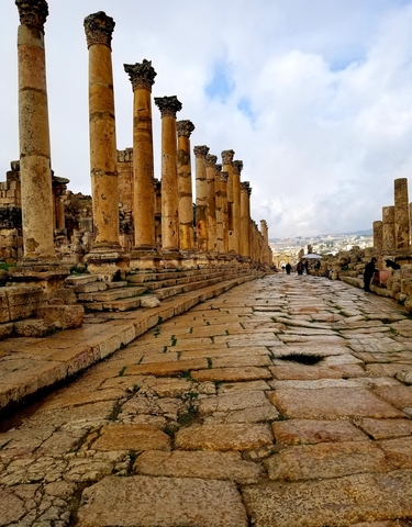 Ancient ruins with stone pillars and pathway.