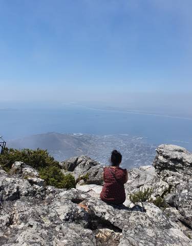 Person sitting on rocks overlooking a city and stadium next to the sea.