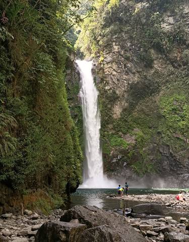 Tall waterfall surrounded by lush greenery.