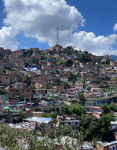 Hillside view of colorful brick houses under a blue sky.