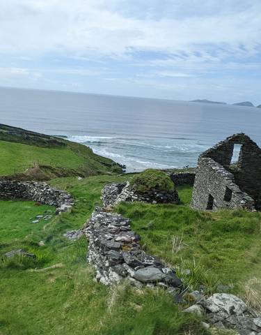 Scenic coastal landscape with old stone walls and green fields.