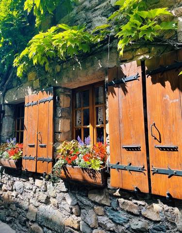 Wooden shutters with colorful flowers in bloom.