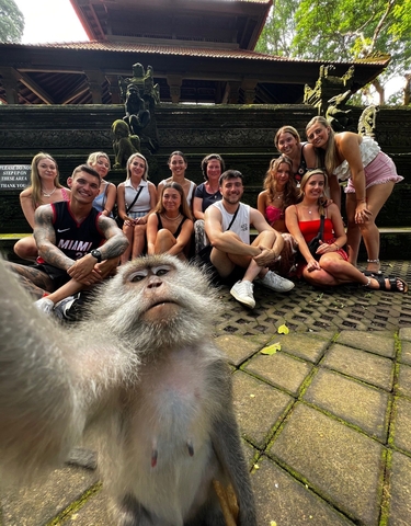 Group of people sitting on steps with a monkey in the foreground.