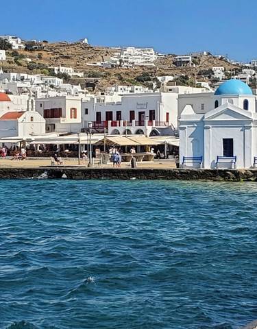 Coastal town with traditional white buildings.